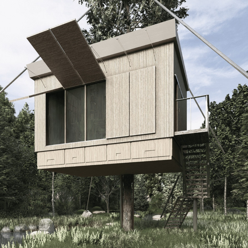 Elevated Living Above Nature with Charred Wooden Shingles and Steel Stabilization