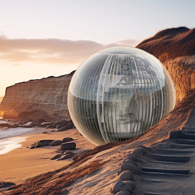 Spherical Form Crafted with Recycled Steel and Double-Skin Glass for Sustainable Living