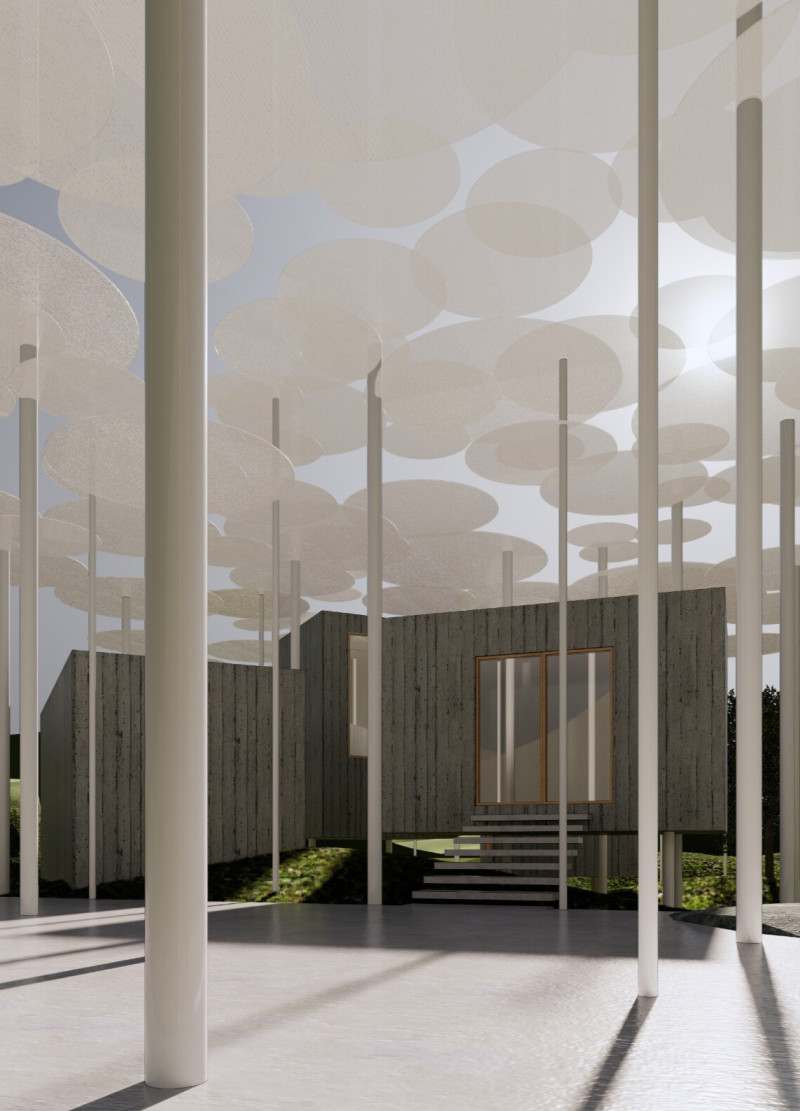 Charred Wooden Shingles and Translucent Canopy in a Residential Retreat