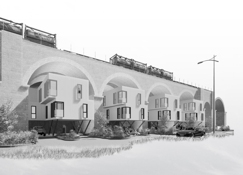 Suspended Living Spaces Featuring Steel Framing and Glass Facades Beneath a Historic Viaduct