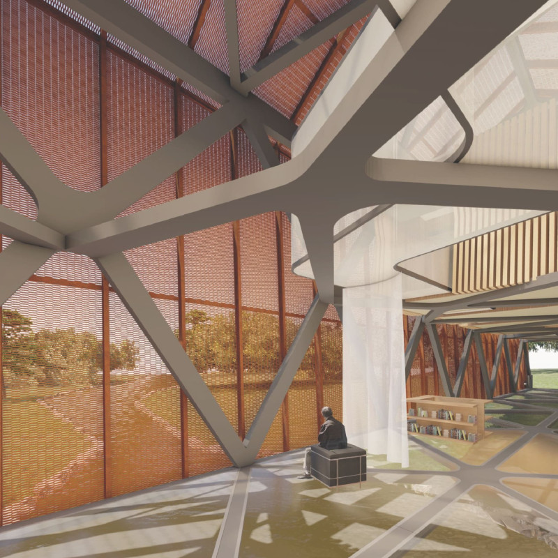 Perforated Metal Facade Enhances Transparency in Eco-Friendly Workspace with Cross-Laminated Timber Elements