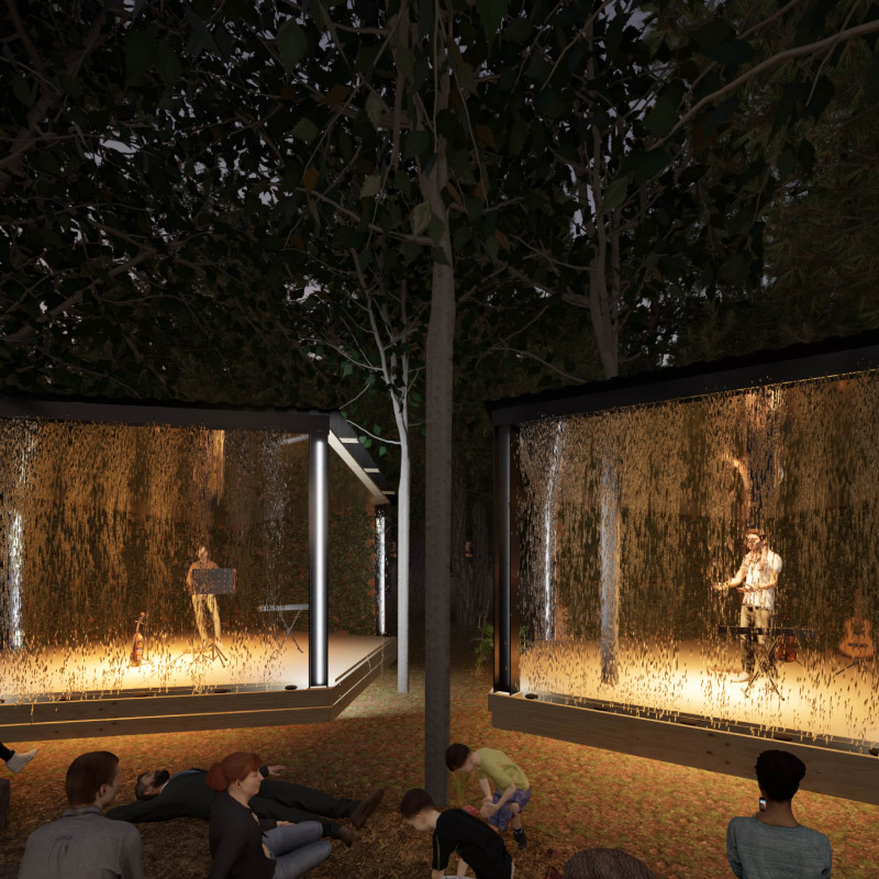 Moss-Covered Walls and Pentagonal Stages Transforming Acoustic Experiences in a Forest Setting