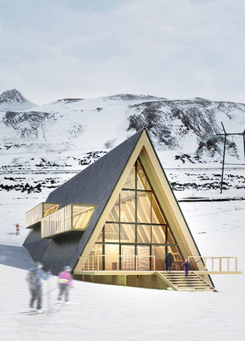 Triangular Lodge Crafted from Volcanic Stone and Birch with Communal Spaces Overlooking Scenic Slopes