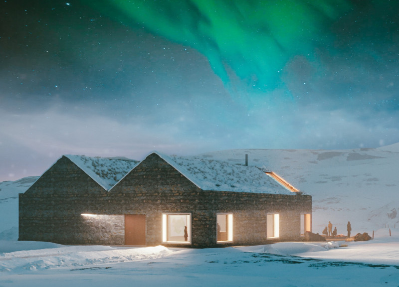Turf Roof and Stone Facade Cabin Harmonizing with Iceland's Volcanic Landscape