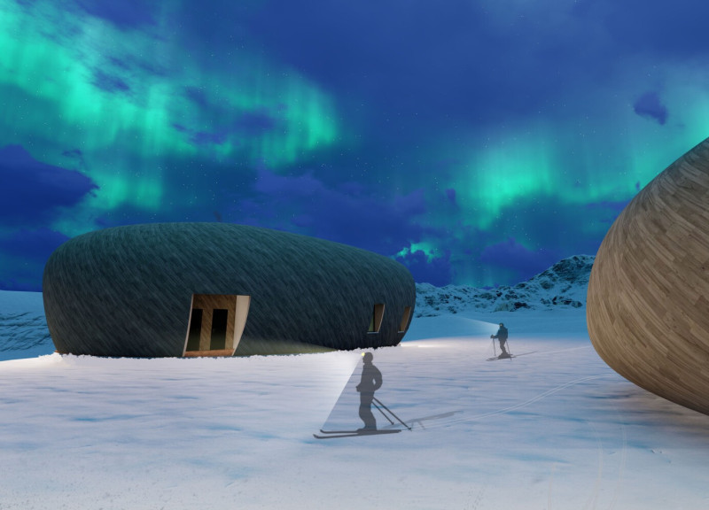 Curved Forms Enveloped in Charred Wooden Shingles and Local Stone for Sustainable Winter Retreat