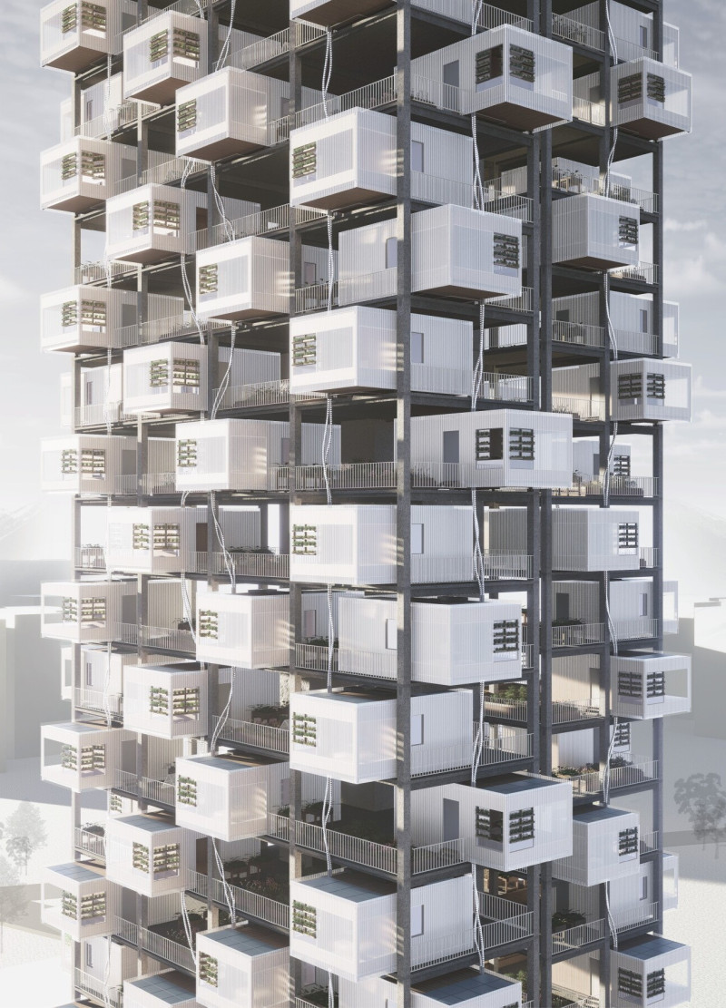 Vertical Community Housing with Modular Polycarbonate Walls and Sustainable Planting Systems