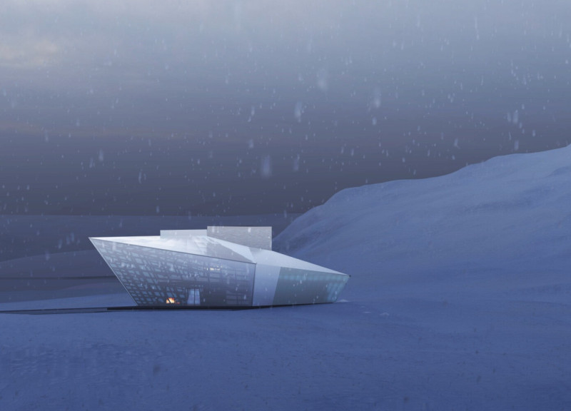 Crystalline Facade of Local Volcanic Stone and Glass Enveloping an Immersive Lodge Experience