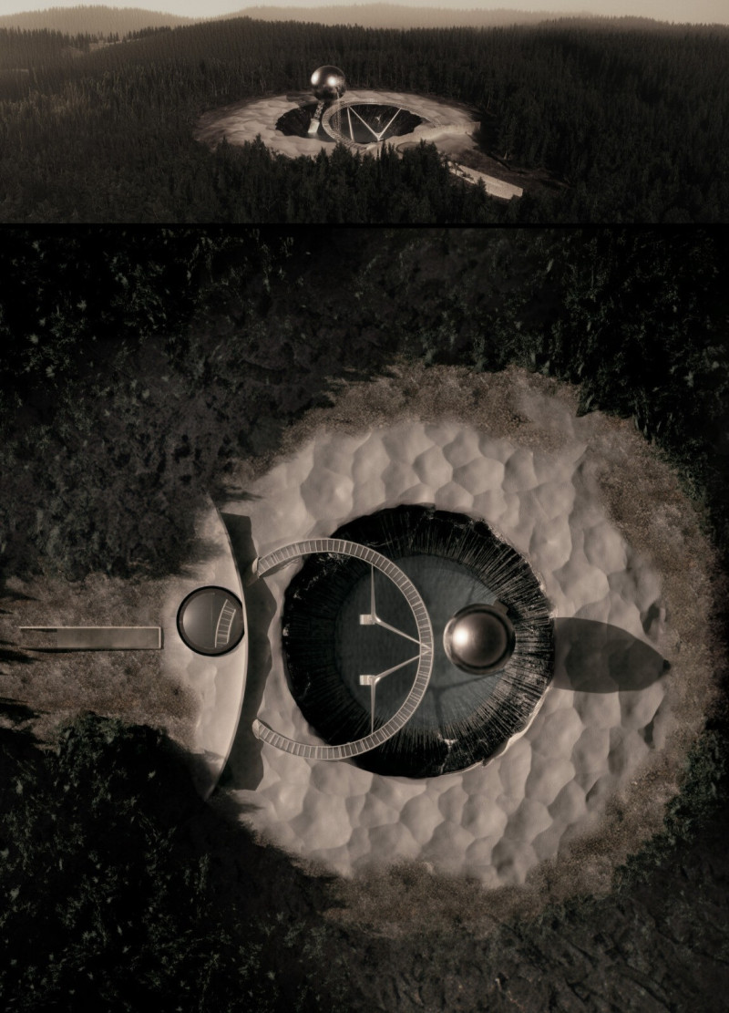 Cracked Sphere with Cascading Water Crafted from Reclaimed Materials Integrating Community Spaces