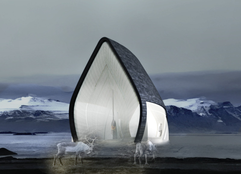 Teardrop Structure Crafted from Local Timber Featuring Communal Hearth Spaces in Icelandic Landscape
