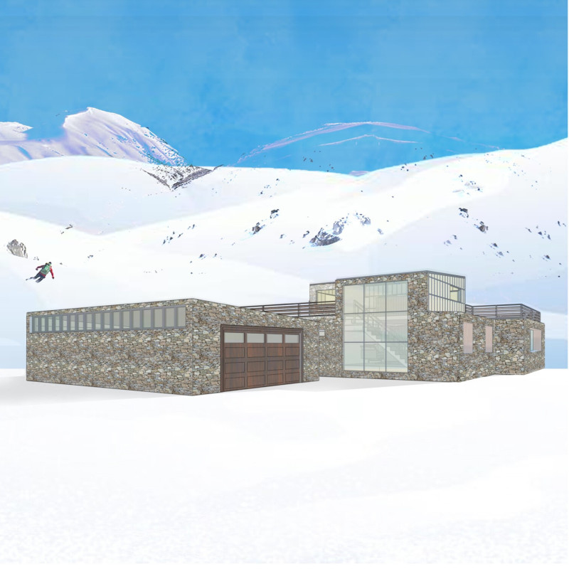 Basalt Stone Retreat with Transparent Facades Nestled in a Mountain Landscape