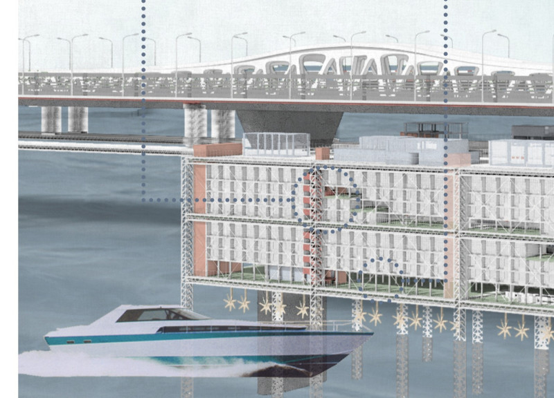 Vertical Living Under a Bridge with Prefabricated Steel and Concrete Modules