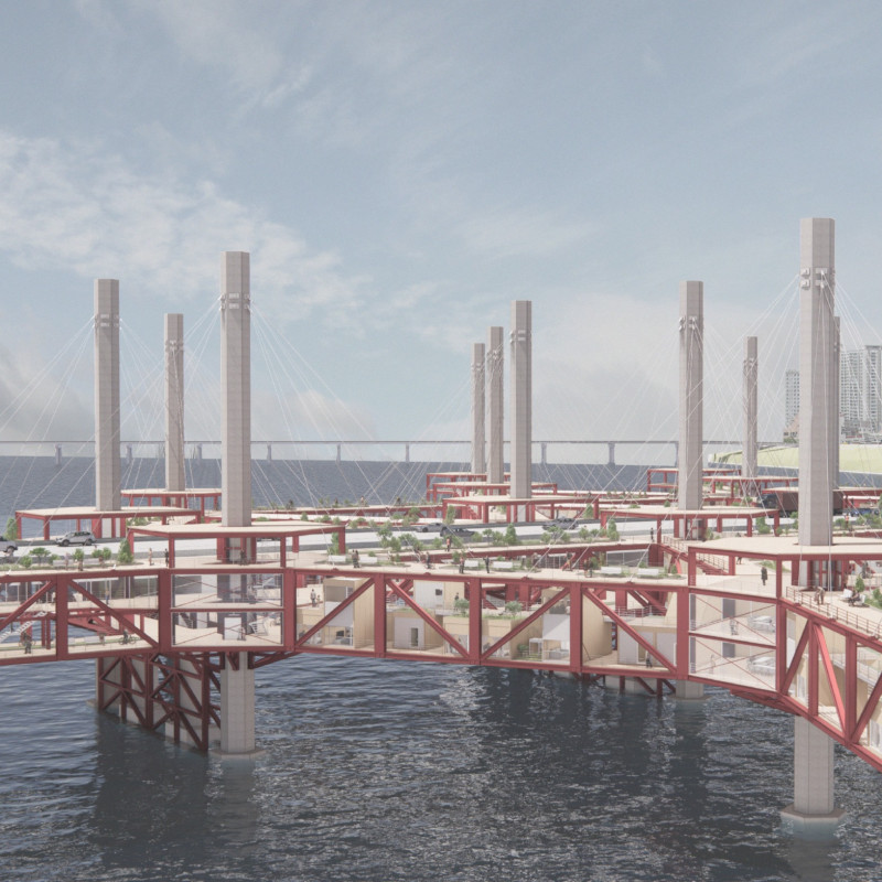 Cable-Stayed Residential Structure Featuring Steel Frames and Glass Façades Above Urban Waterway