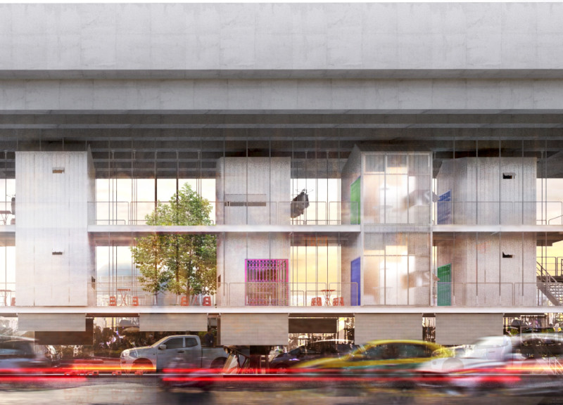 Suspended Structure Featuring Reinforced Concrete and Open Marketplace for Urban Living