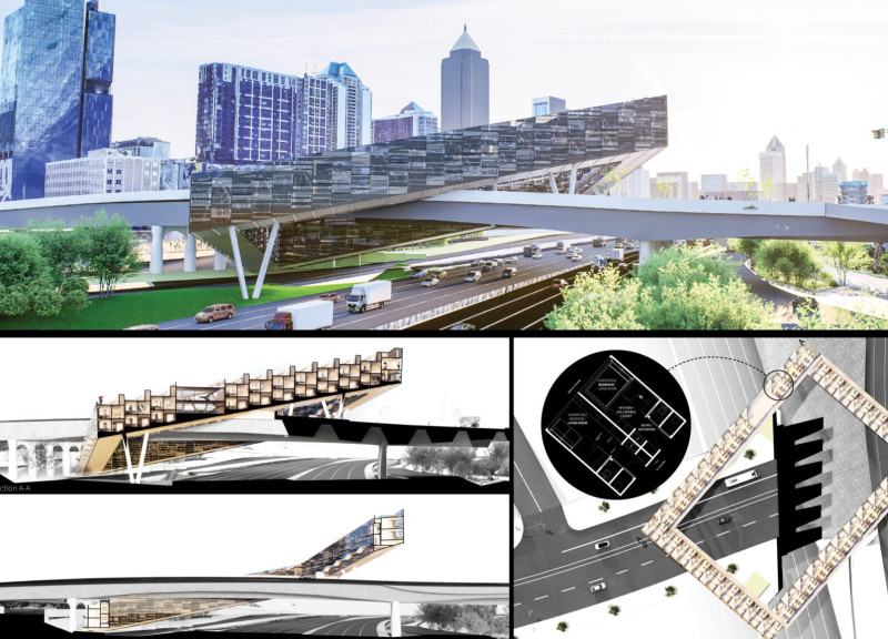 Cantilevered Community Hub with Cross-Laminated Timber Panels Beneath Urban Freeway