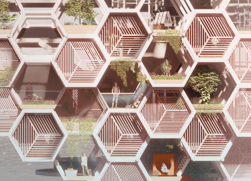 Repurposed Bridge Structure Featuring Hexagonal Modules and Vertical Gardens in Urban Environment