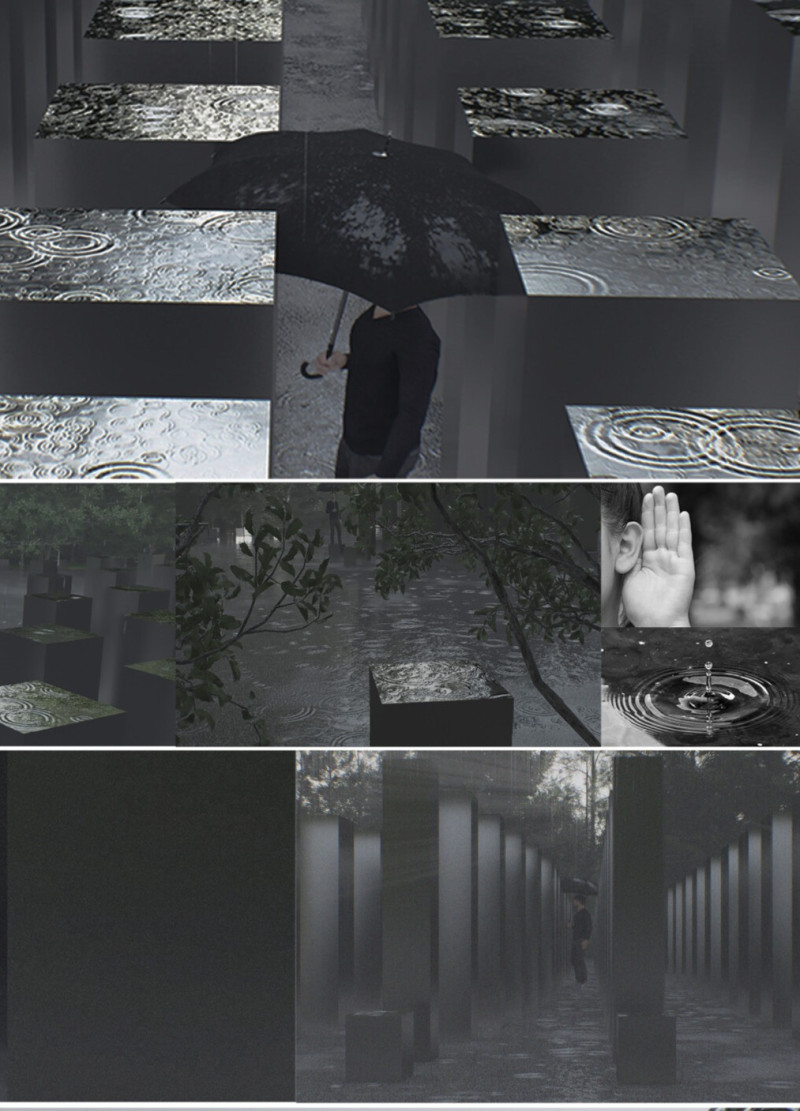 Reflective Water Features Enhancing Contemplation Within Textured Concrete and Steel Structures