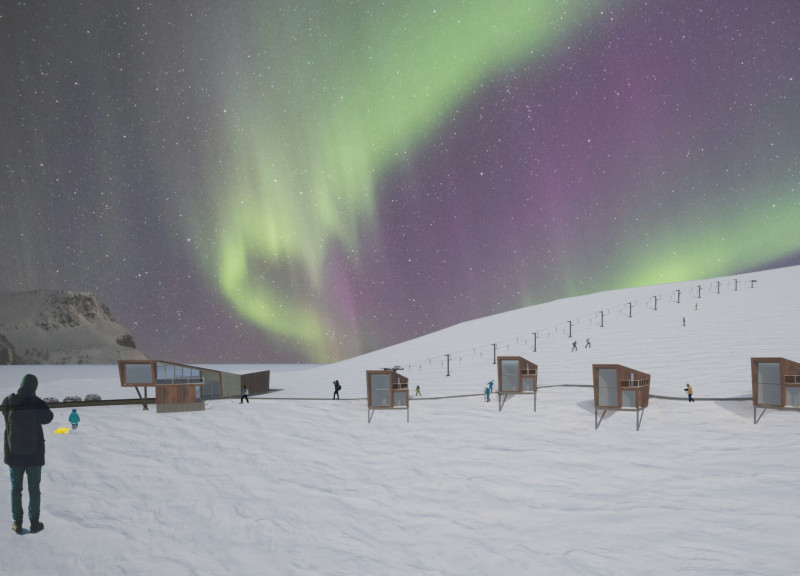 Weathering Steel Cabins Offering Panoramic Views in a Ski Resort Setting