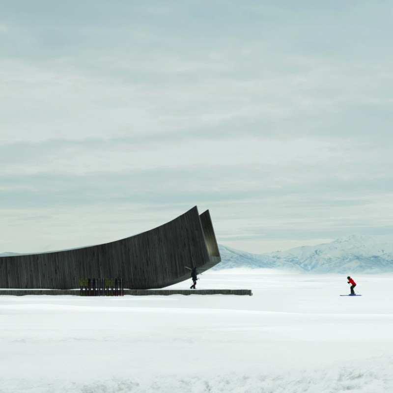 Curvilinear Timber Structure Featuring Charred Shingles and Panoramic Views for Ski Enthusiasts