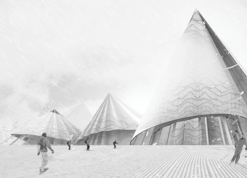 Textured Wood Canopies in a Community Shelter Designed for Seasonal Adaptability