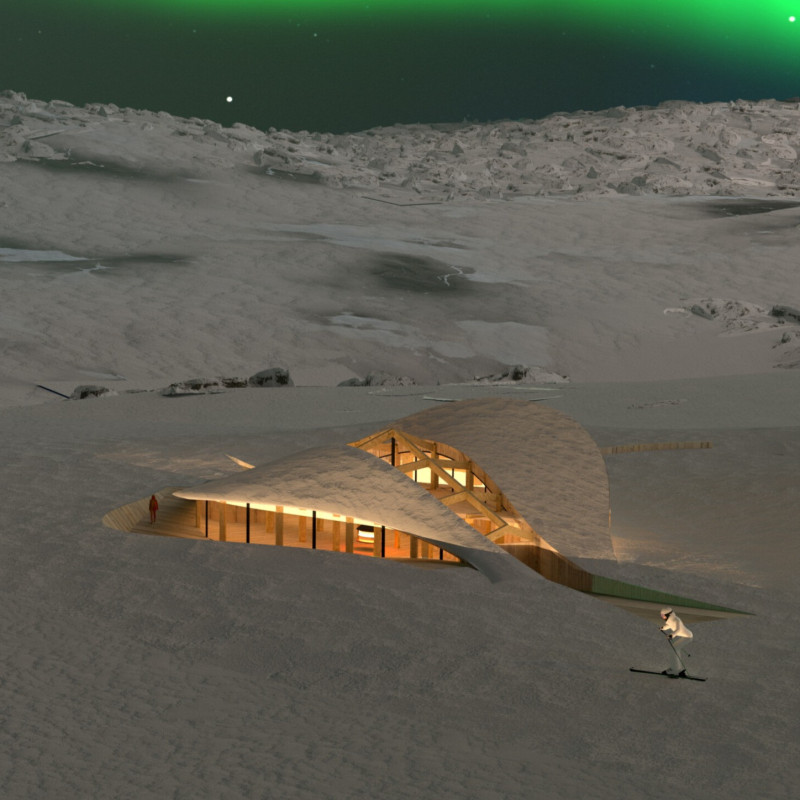 Turf-Embedded Cabin Featuring Sustainable Wooden Elements in Iceland's Winter Landscape