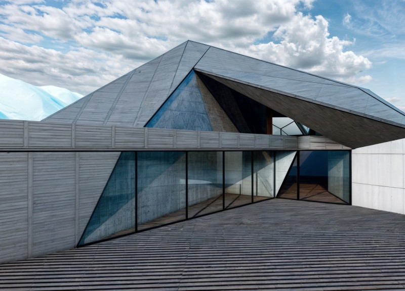 Fragmented Geometry with Expansive Glass and Textured Timber for Reflective Spaces