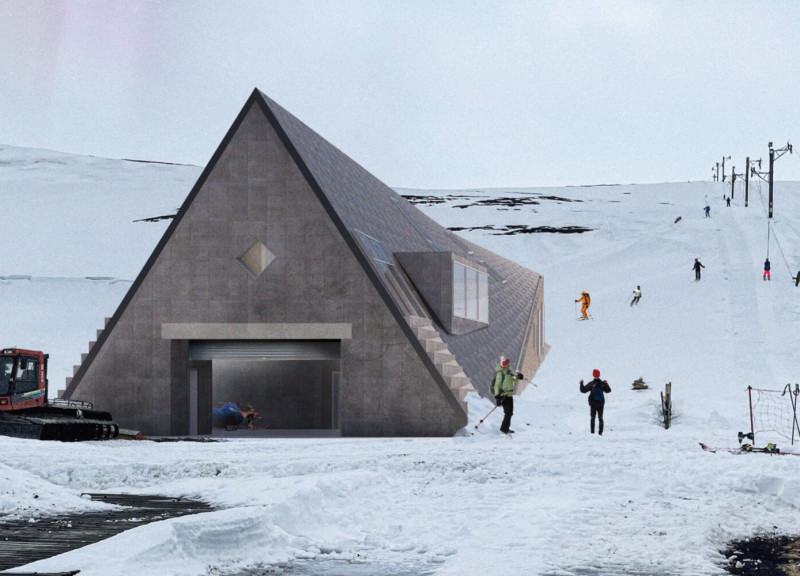 Textured Concrete and Timber Lodge Designed for Winter Recreation وز Geothermal Efficiency
