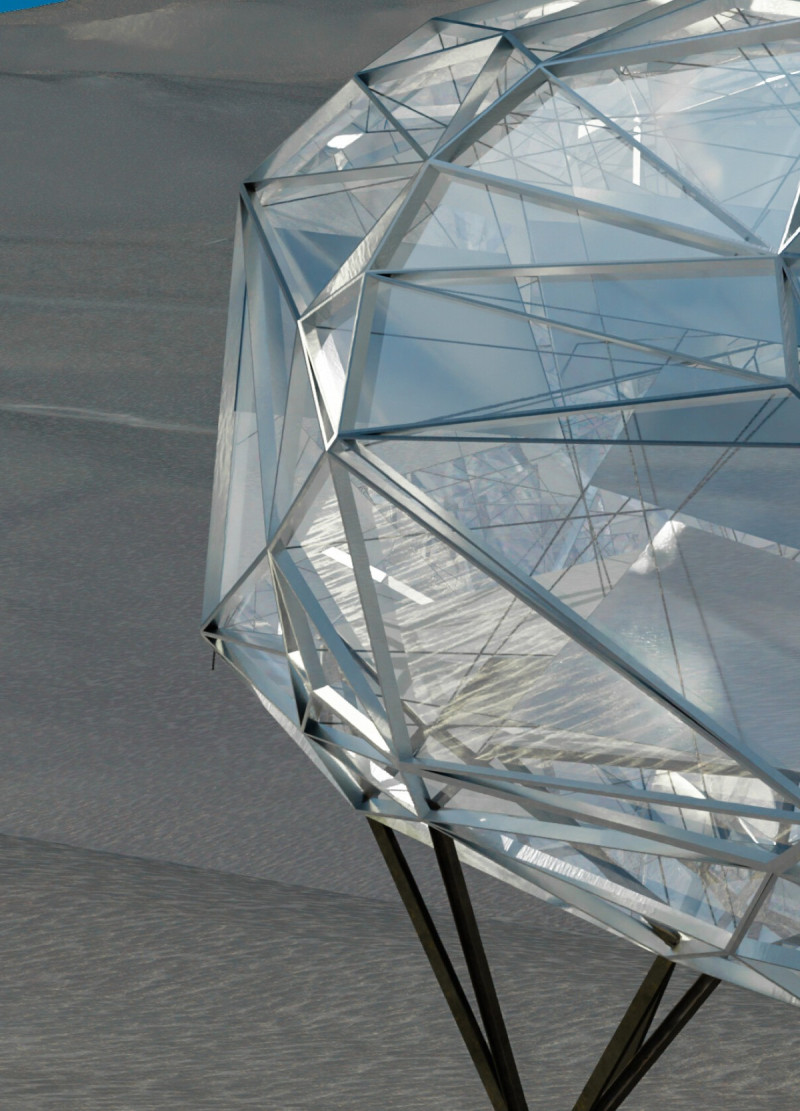 Suspended Aluminum Mirrors and Transparent Glass Illuminate Elevated Recreational Space