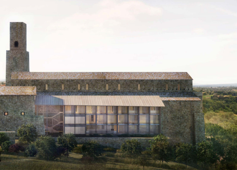 Charred Wooden Shingles and Natural Stone Integration in a Reflective Community Archive