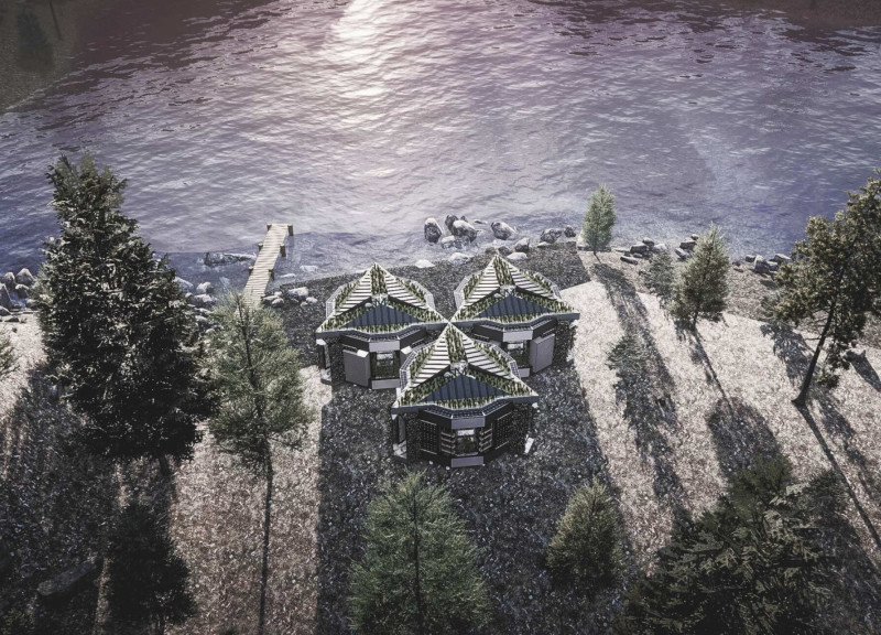 Hexagonal Modular Housing Integrating Green Roofs and Local Wood Materials