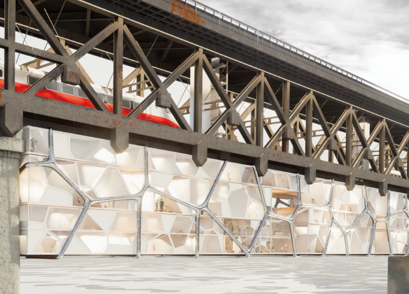 Transparent Steel and Natural Wood Habitat Beneath a Historic Bridge
