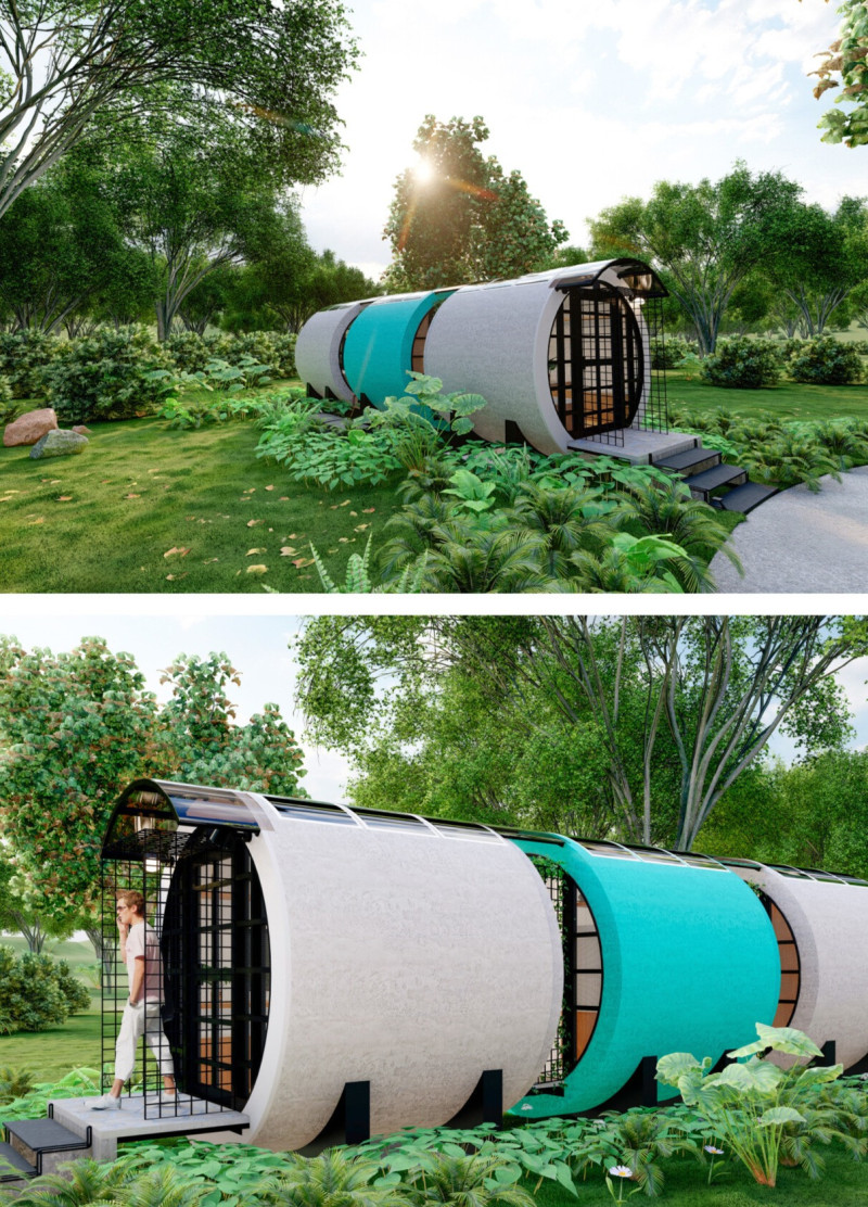 Tubular Living Spaces Enhanced by Carbonized Steel and Micro-Gardens in Urban Settings