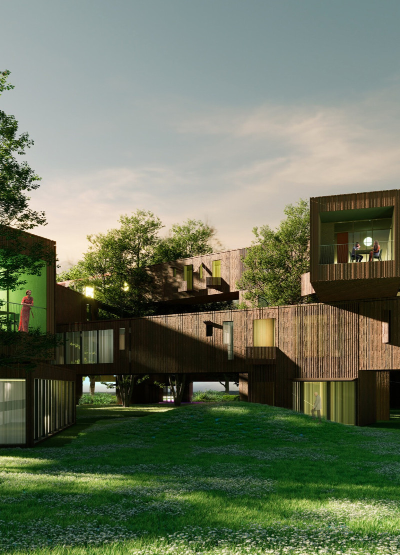 Elevated Living Modules Constructed from Laminated Wood and Solar Canopies