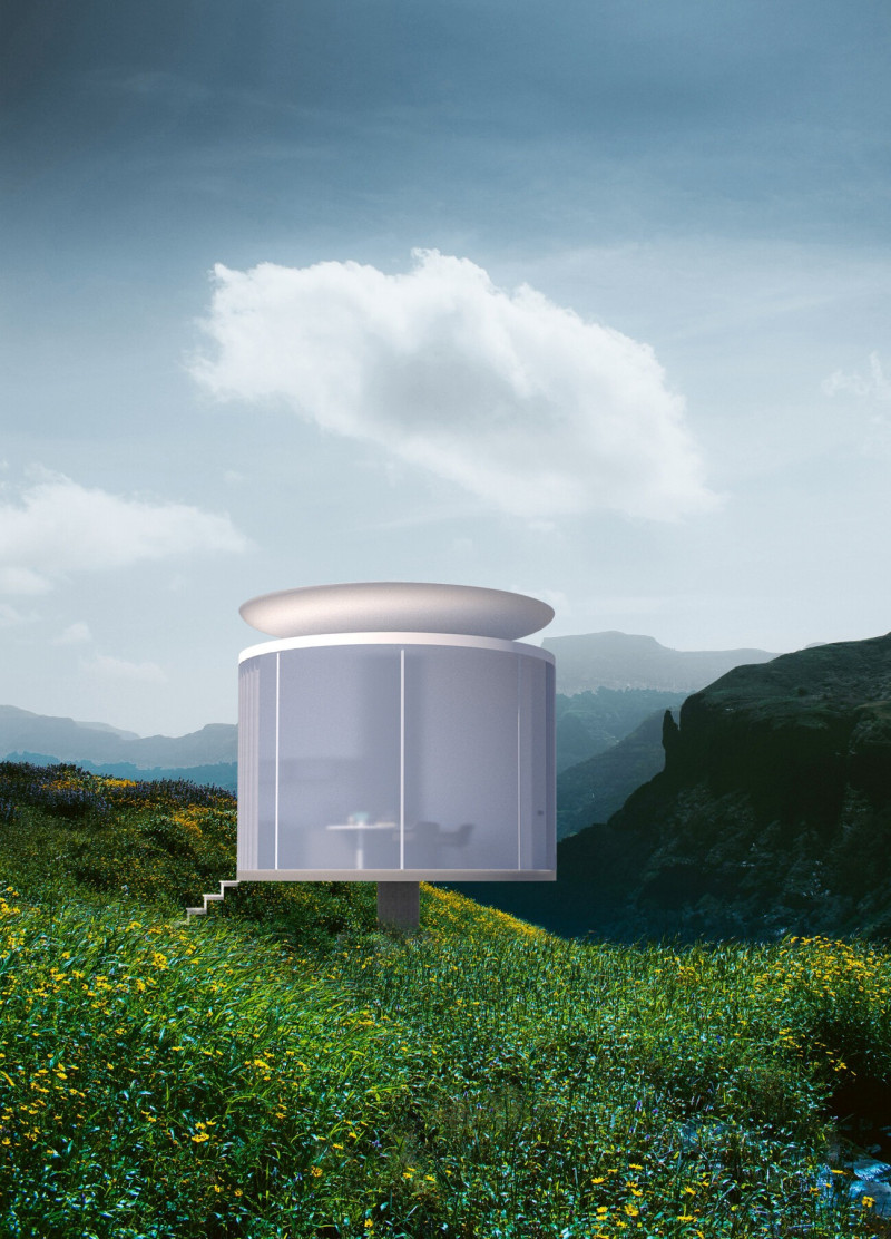 Central Column Supporting Photovoltaic Glass and Rainwater Systems in Circular Residential Design