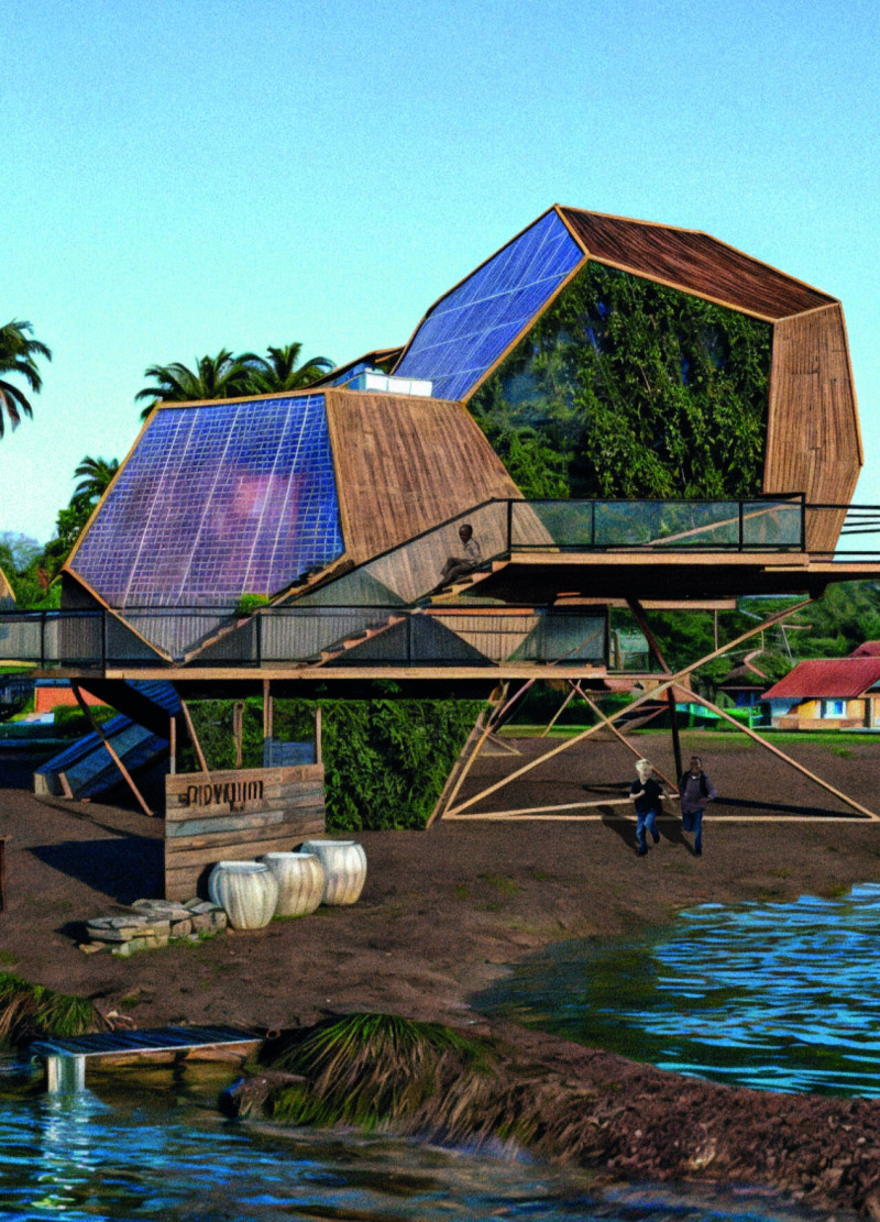 Elevated Bamboo Structure Featuring Vertical Gardens and Integrated Solar Panels for Community Resilience