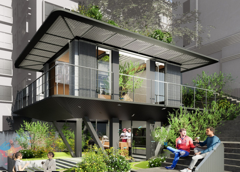 Elevated Steel Framework with Glass Shutters and Geothermal Systems in Urban Housing