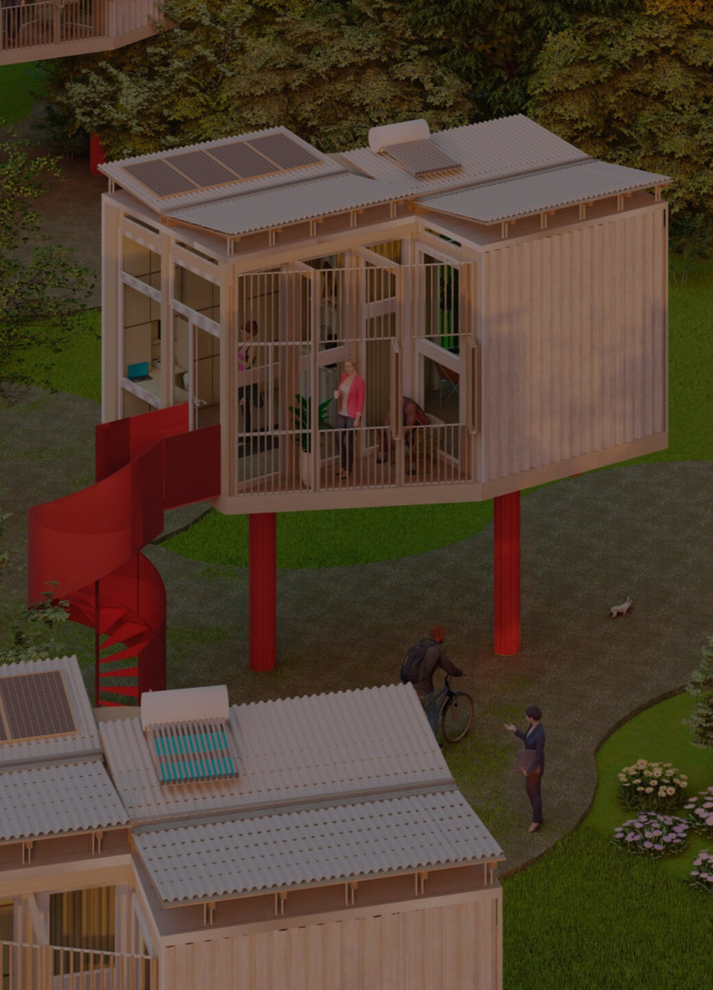 Elevated Living Spaces Featuring Phenolic Wood and Galvanized Steel for Resilient Urban Housing