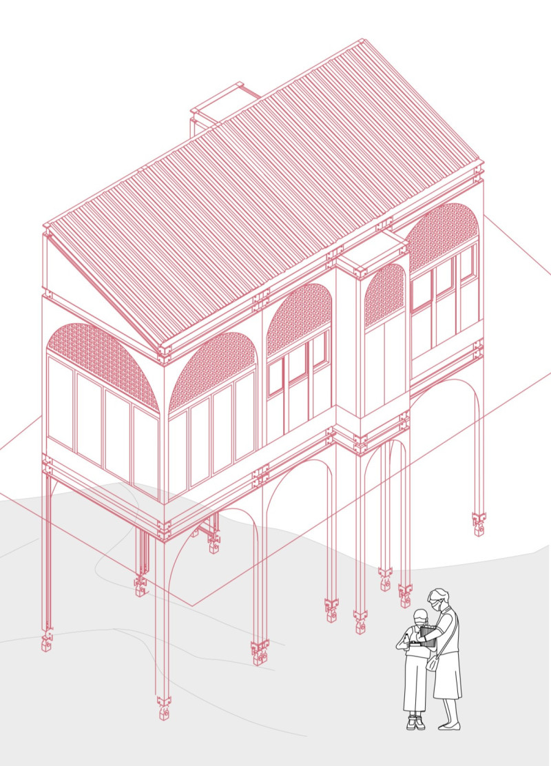 Elevated Community Spaces with Perforated Walls and Sustainable Materials