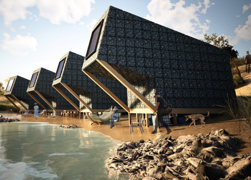 Textile Waste Micro Homes with Ocean Views Featuring Integrated Solar Solutions and Adaptive Living Spaces