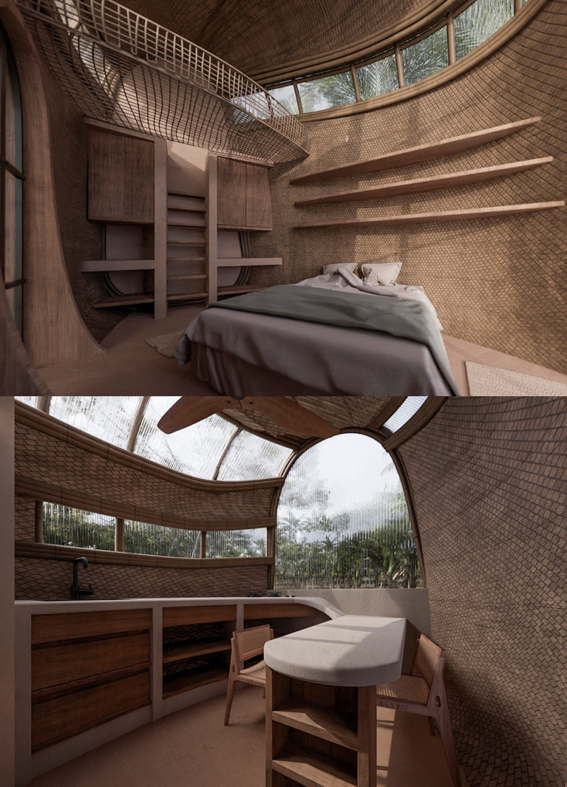 Woven Bamboo Domes Integrating Rainwater Systems for Sustainable Living Solutions