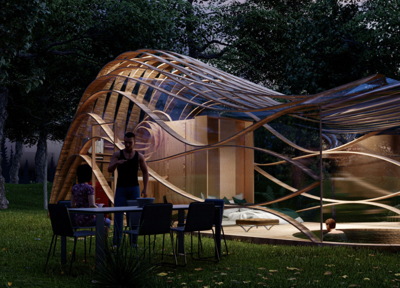 Curvilinear Design Featuring Laminated Wood and Solar Integration in Eco-Conscious Micro-Living
