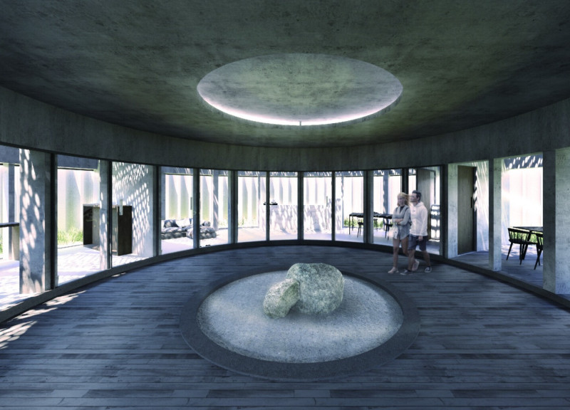 Dynamic Shadow Play Through Natural Stone and Glass in a Circular Residential Layout