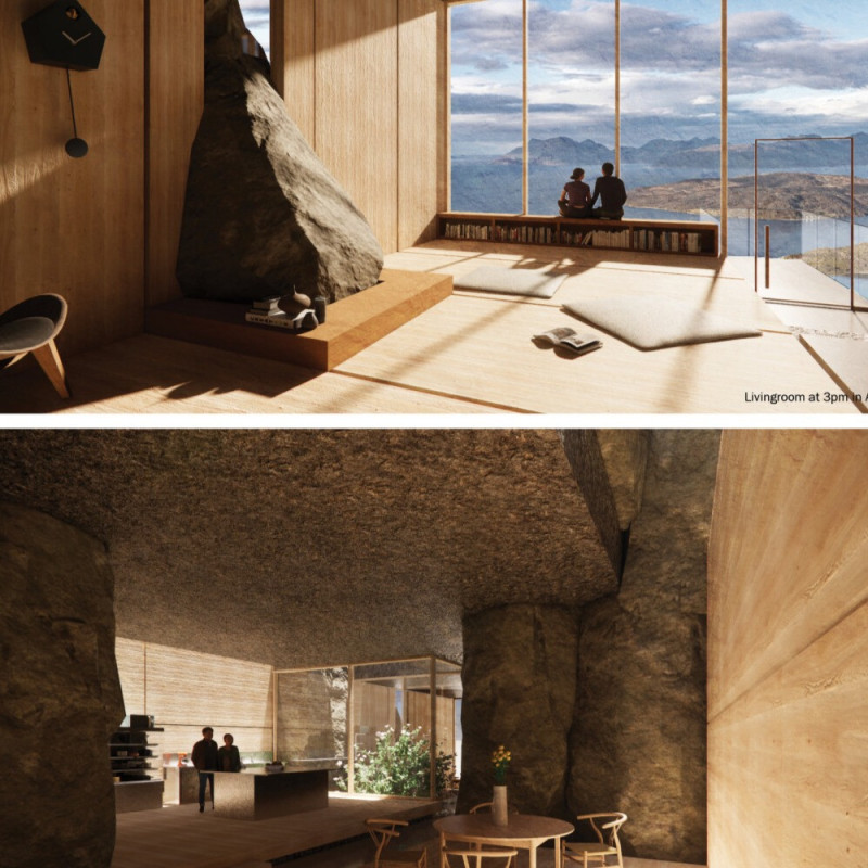 Exposed Stone and Timber Cladding in a Harmonious Residential Design Embracing Natural Landscapes