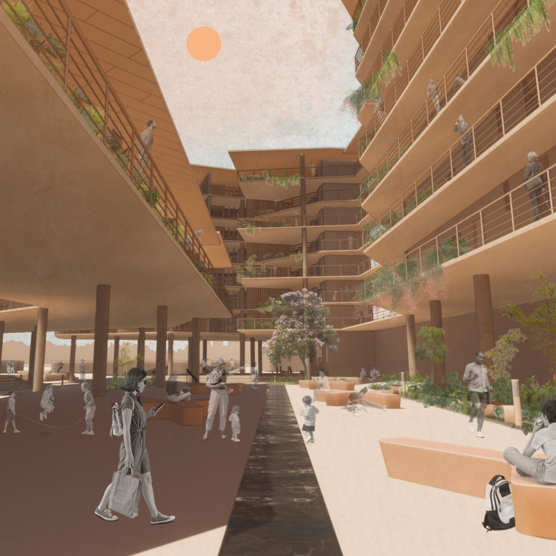 Biophilic Community Plaza Featuring Green Roofs and Sustainable Materials