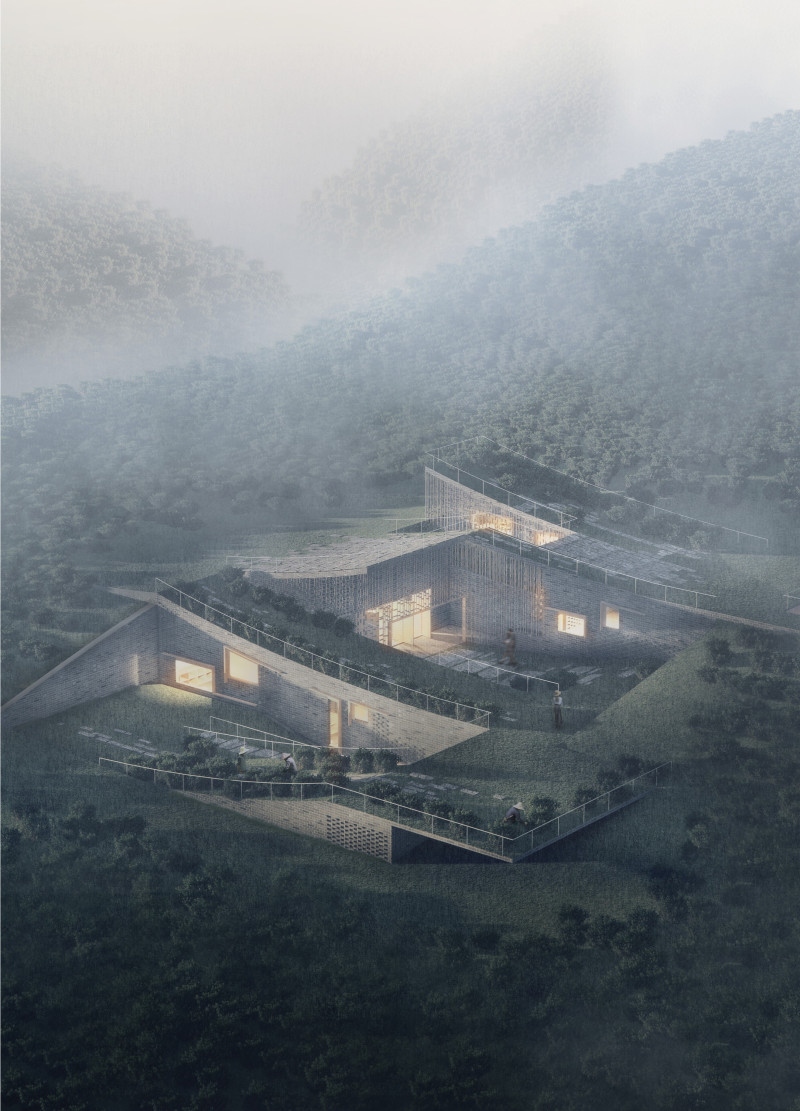 Natural Light Through Glass Facades and Textured Brick in a Community Space Focused on Tea Culture