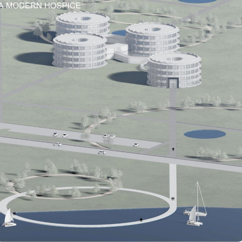 Charred Wooden Shingles and Circular Forms in a Palliative Care Facility