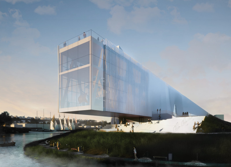 Elevated Structure Showcasing Glass and Timber Integration Amidst Baltic Waterways