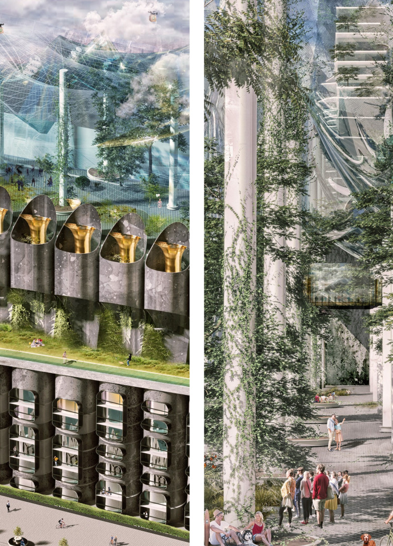 Charred Wood Cladding and Vertical Farming Transforming a Former Grain Elevator into a Sustainable Community Hub