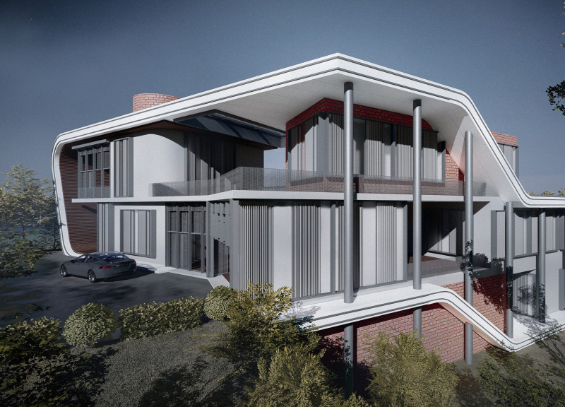 Curvilinear Form Overlooking Natural Landscapes with Seamless Concrete and Red Brick Finishes