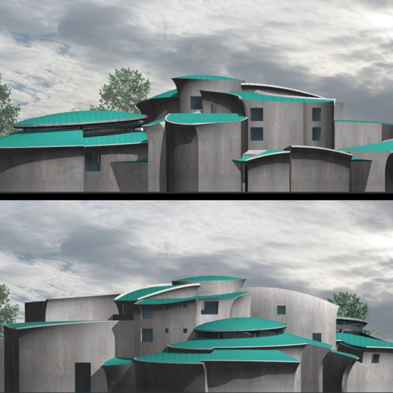 Circular Community Hub Featuring Concrete and Glass Integration with Natural Material Elements