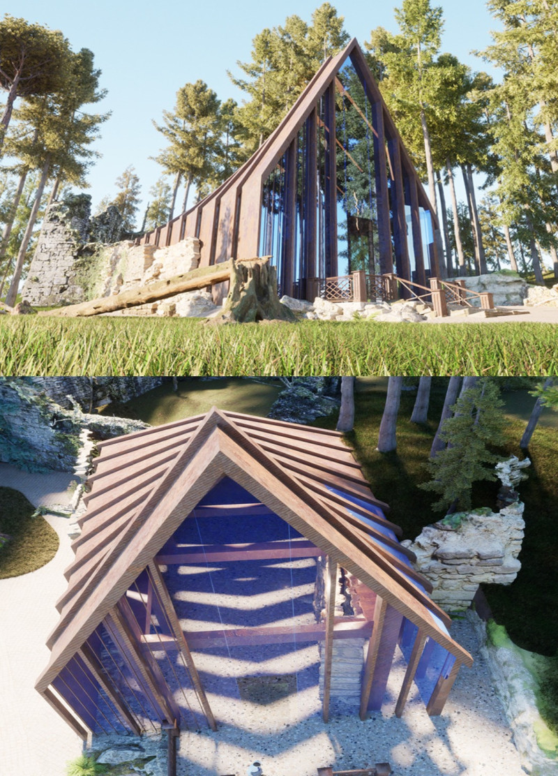 Charred Wooden Shingles and Transparent Facades in Forest-Integrated Exhibition Space